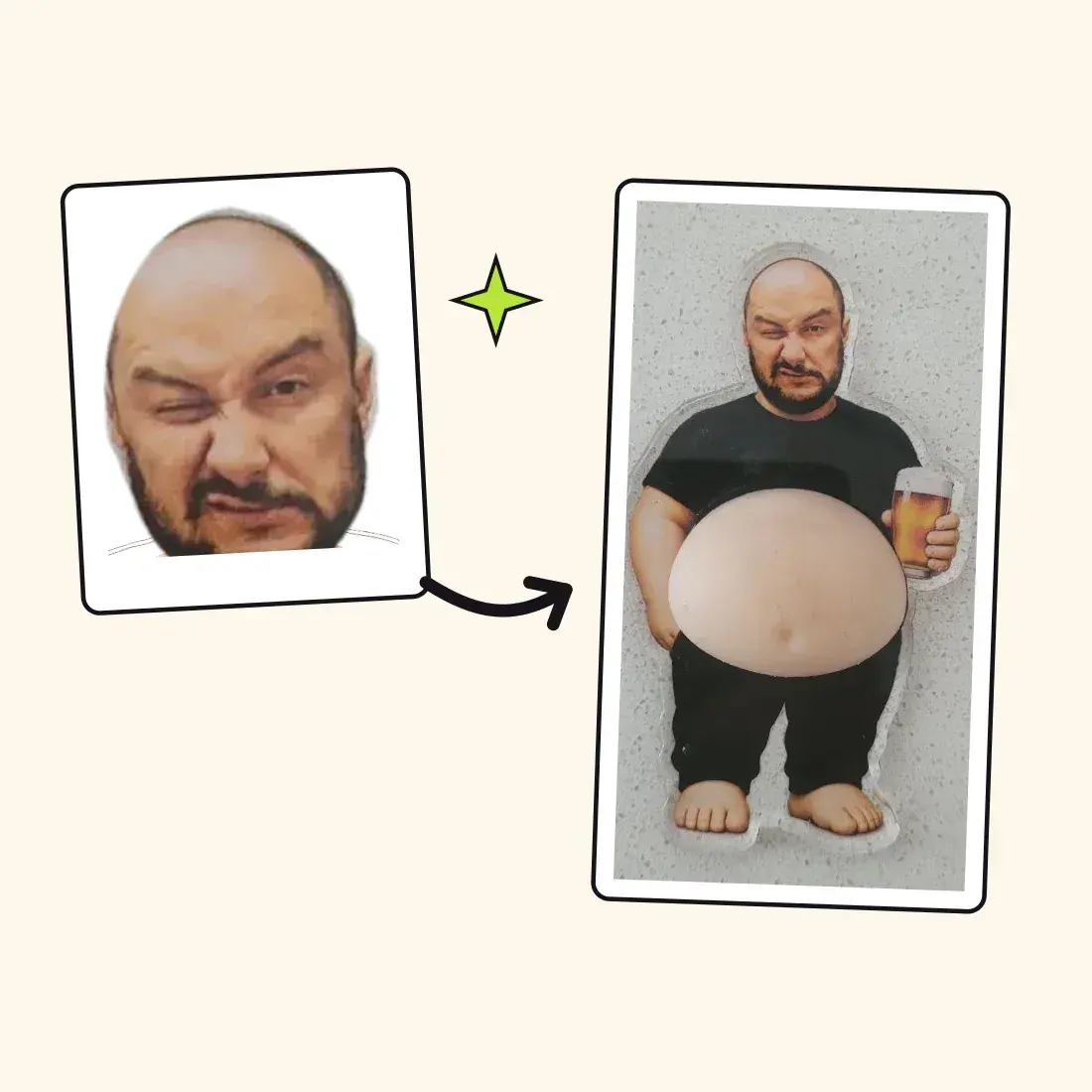 Zdjęcie twarzy obok gotowego magnesu z tą samą twarzą.
