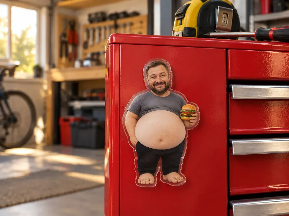 A magnet with Dad’s face on a red tool cabinet in a garage