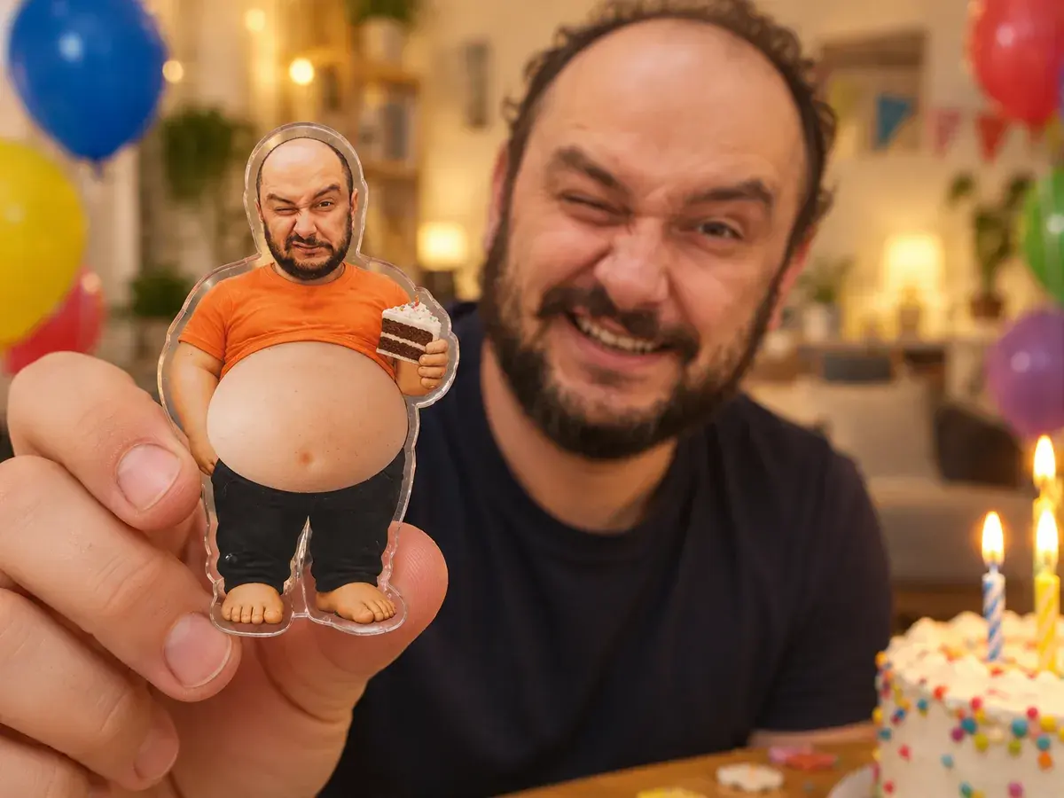 Solenizant pokazuje magnes ze swoją twarzą, w tle balony i tort ze świeczkami