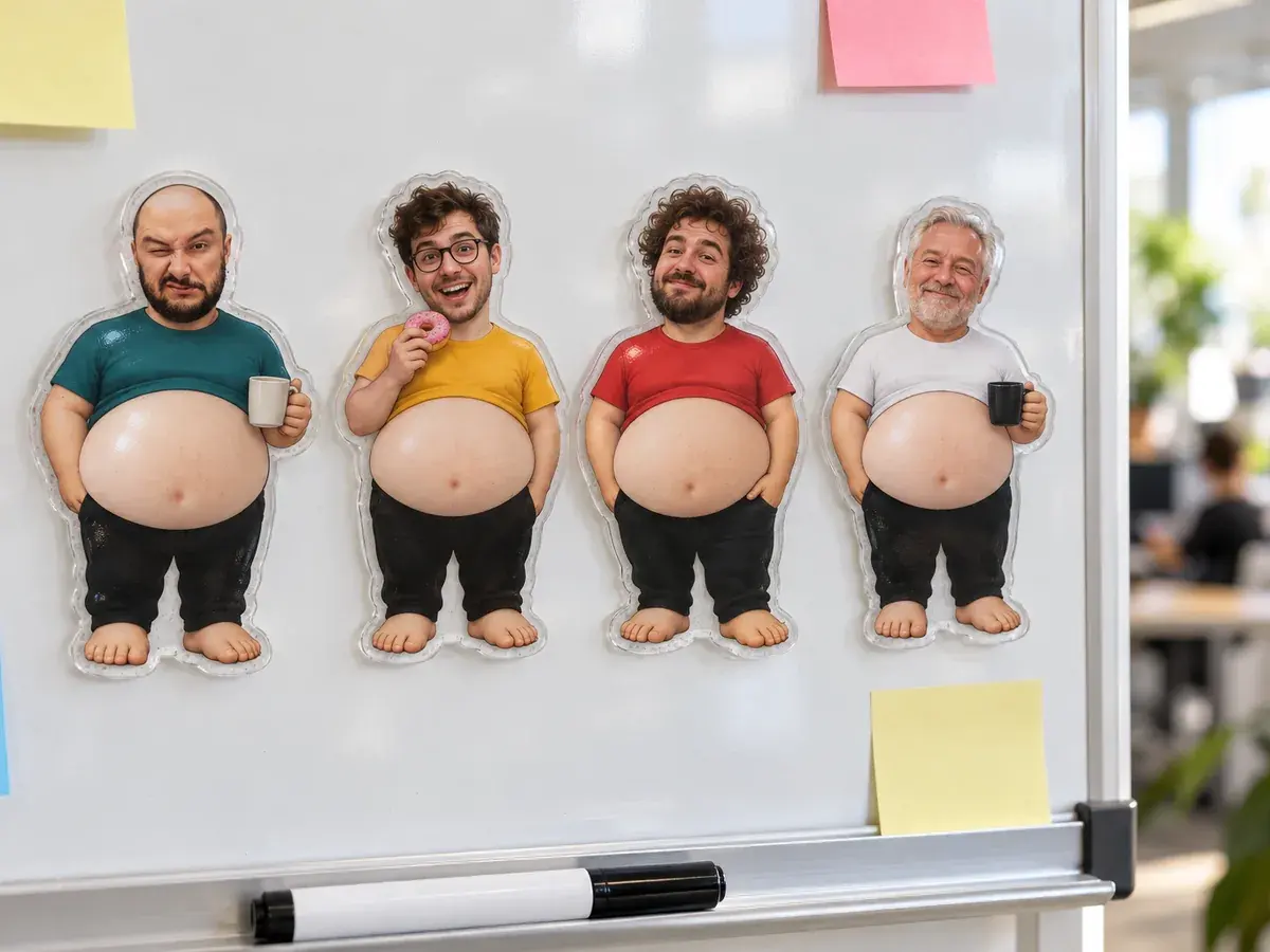 Four magnets with colleagues’ faces on an office magnetic whiteboard
