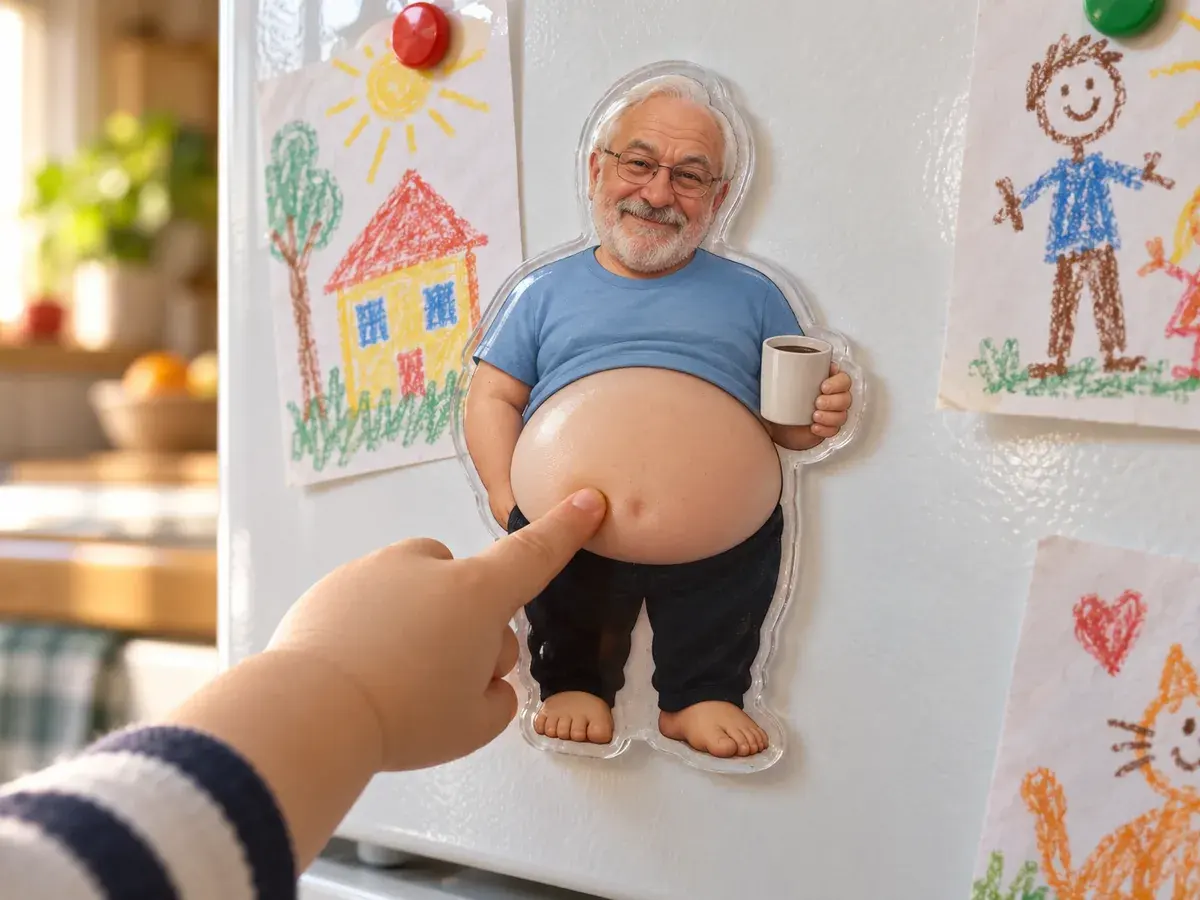 A child presses the belly of a magnet with Grandpa’s face on a fridge next to the grandchildren’s drawings