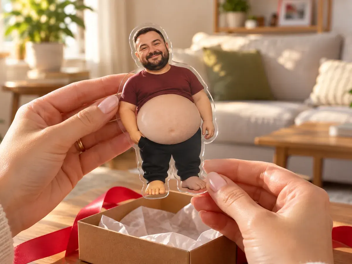 A woman’s hands hold a magnet with a man’s face above a gift box, an anniversary gift